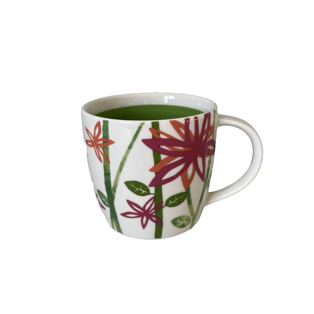 Starbucks 2007 Floral Bamboo Print 12 oz Ceramic Coffee Tea Mug Cup Pink Green